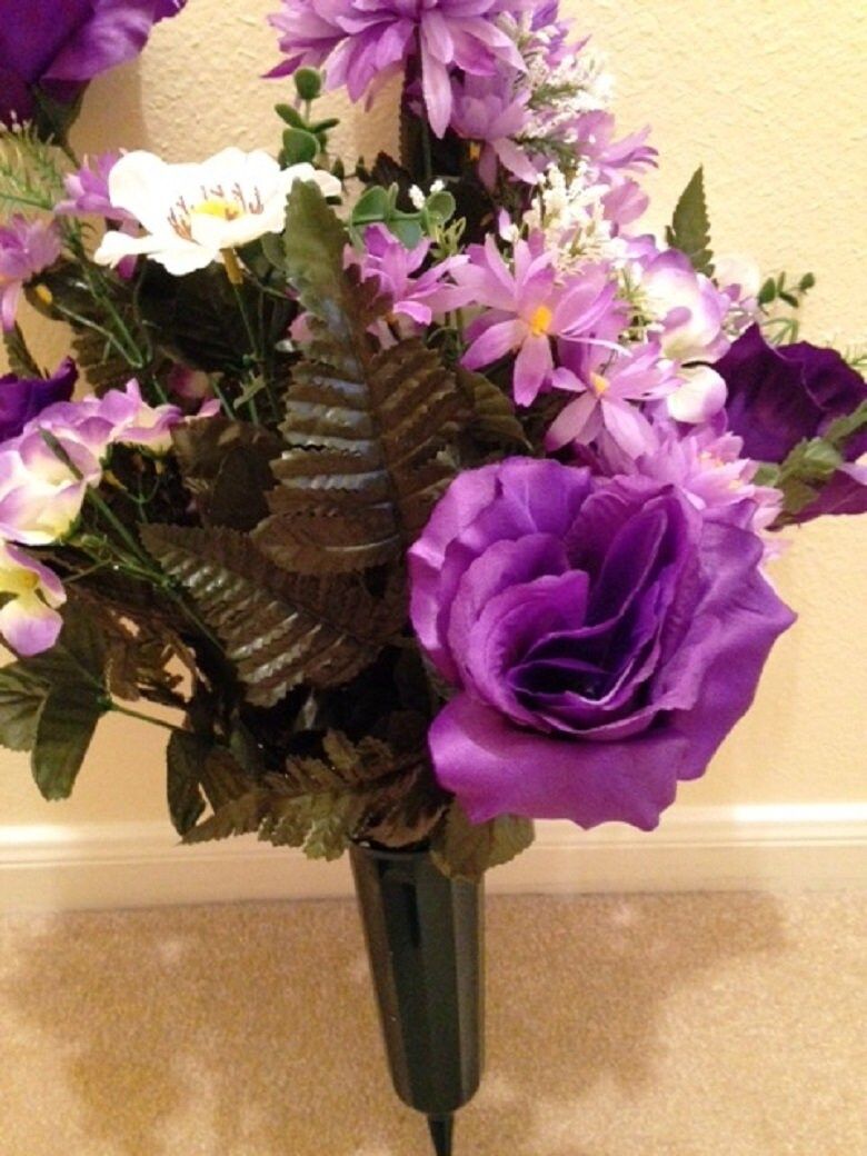 Cemetery VASE of ROSES HYDRANGEA Daisies Deluxe Purple for Grave-site Presentation in Remembrance of Loved Ones -