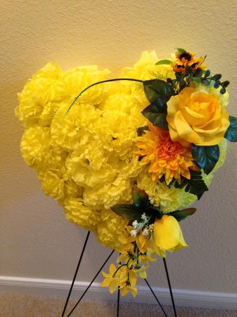 FLOWER Cemetery HEART on easel in Silk Yellow Roses & Carnations for grave-site presentation in remembrance of loved ones -