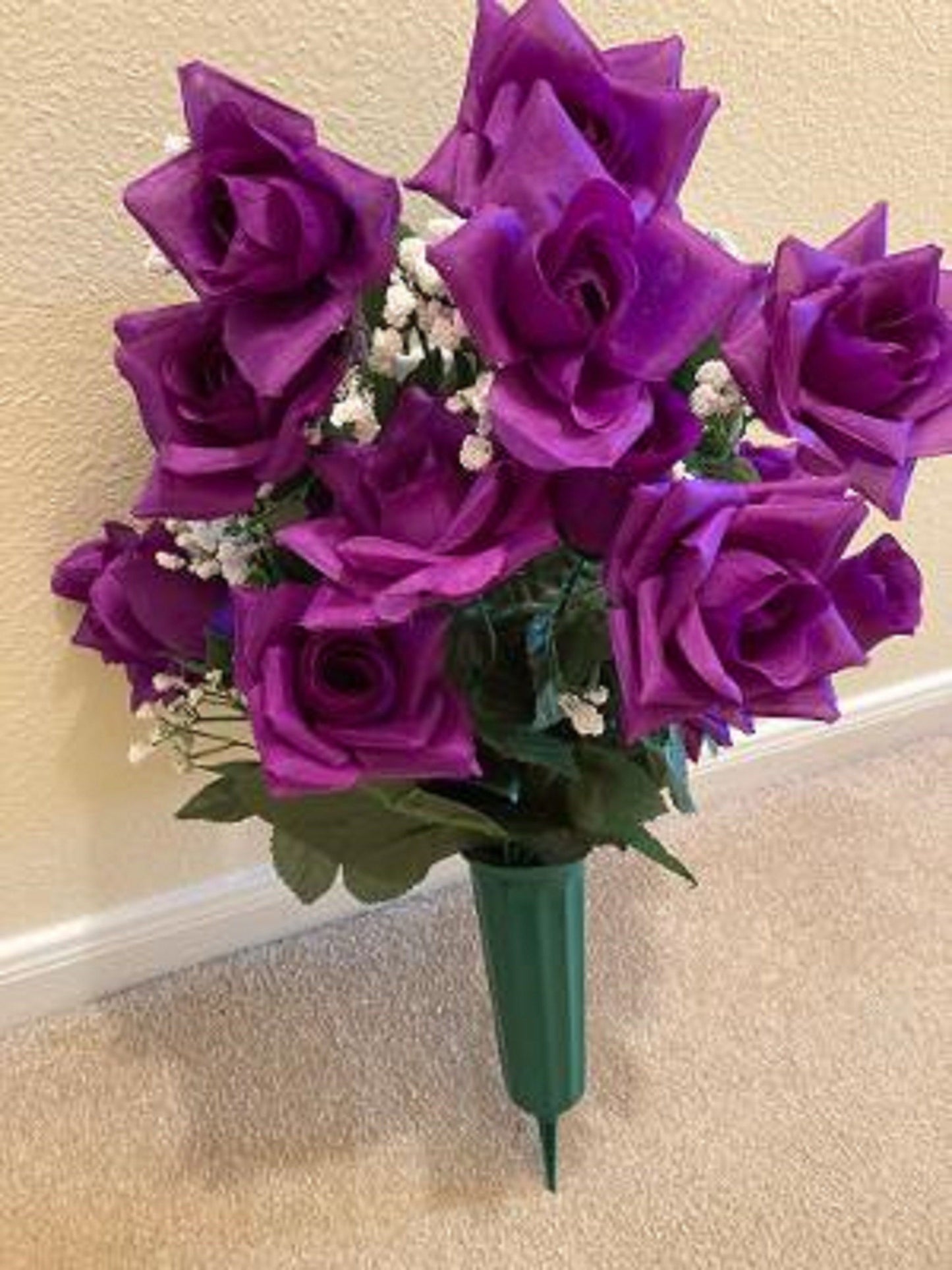 Cemetery Vase of Silk ROSES Deluxe for Grave-site Presentation in Remembrance of Loved Ones -