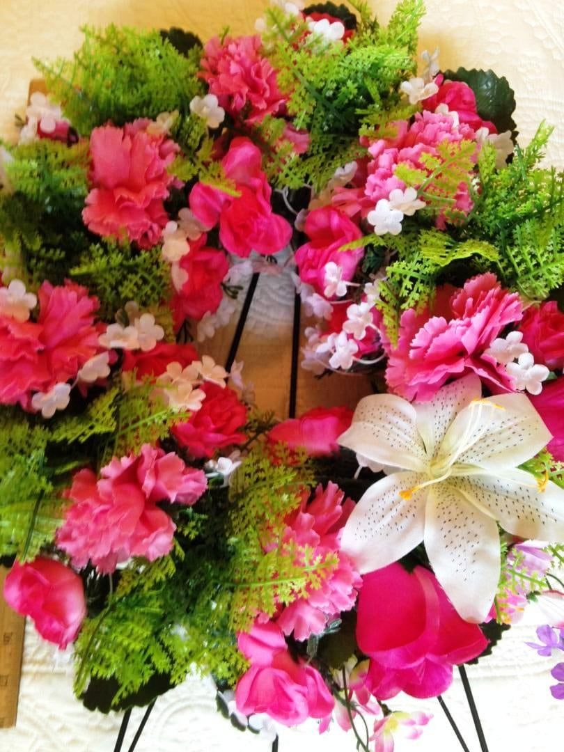 Cemetery Wreath on Easel in Pink Roses & Carnation for grave-site presentation in remembrance of loved ones. Easel Mounted