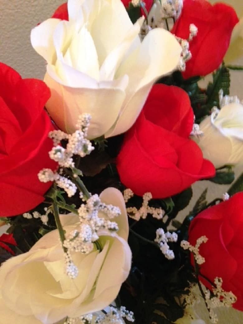 Cemetery vase of ROSES Galore Red and White Silk DELUXE for Grave-site Presentation in Remembrance of Loved Ones -