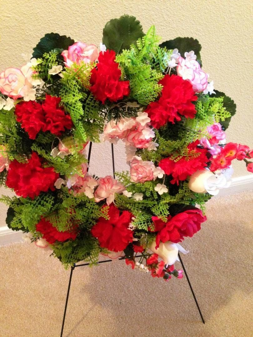 Cemetery WREATH on Easel in Silk RED Roses & Carnations for grave-site presentation in remembrance of loved ones -