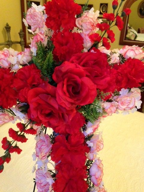 Cemetery SILK FLOWER CROSS in Red Deluxe Easel Mount for Grave-site Presentation in Remembrance of Loved Ones -