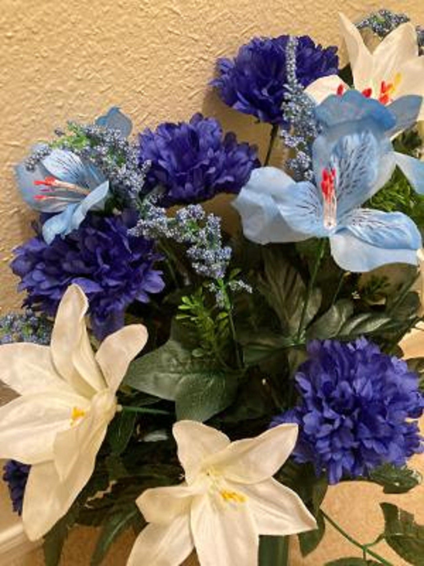 Cemetery Vase of Silk Blue Mum Lilly for Grave-site Presentation of Loved Ones -