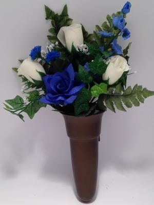 Crypt Mausoleum Vase & Cream Roses Blue Silk Flowers w/ Ring Bolt Support