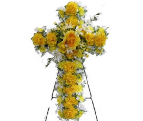 FLOWER Cemetery CROSS Yellow Roses - Carnations on easel for Grave-site Presentation in Remembrance of Loved Ones -