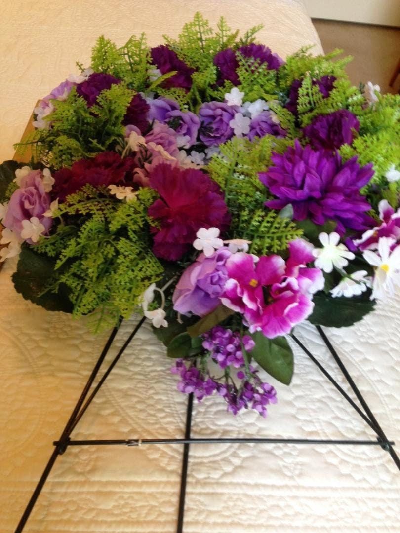 Cemetery WREATH on Easel Mount with PURPLE  Rose & Carnations for grave-site presentation in remembrance of loved ones -