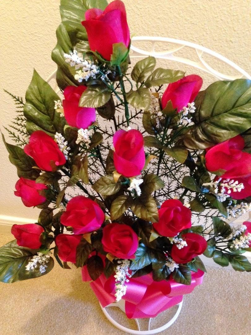 Cemetery Silk flower RED ROSEBUDS, Hoop Handle for Grave-site Presentation in Remembrance of Loved Ones -