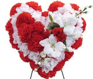 Cemetery SILK FLOWER HEART Easel Mount in Red for grave-site presentation in remembrance of loved ones -