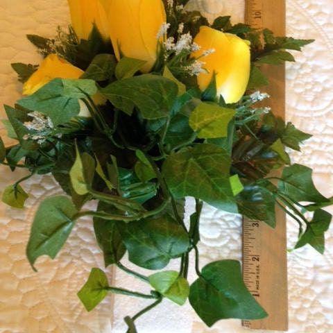 Artificial Flower CRYPT / MAUSOLEUM Bouquet (No Vase) of Yellow ROSE w/ Baby's Breath Ivy for Presentation in Remembrance of Loved Ones -