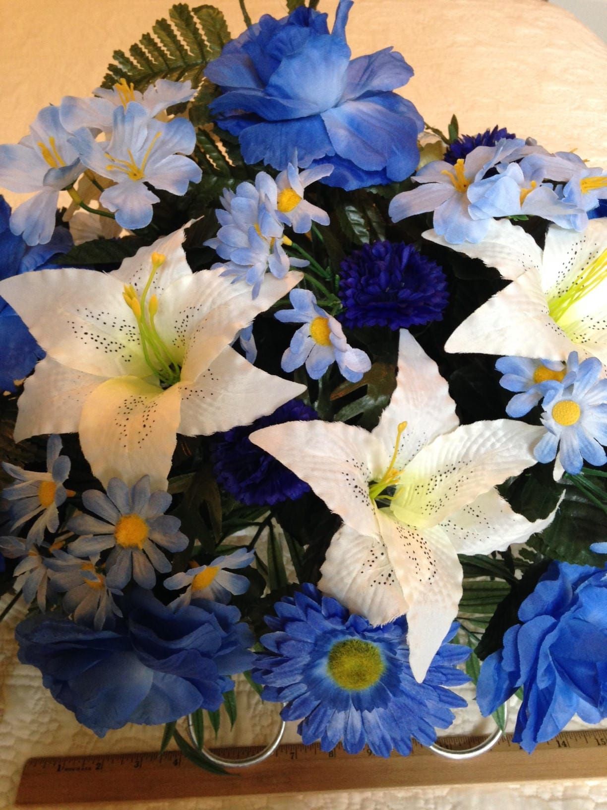 FLOWER Cemetery SADDLE in Deluxe Silk BLUE for Grave-site Presentation in Remembrance of Loved Ones.