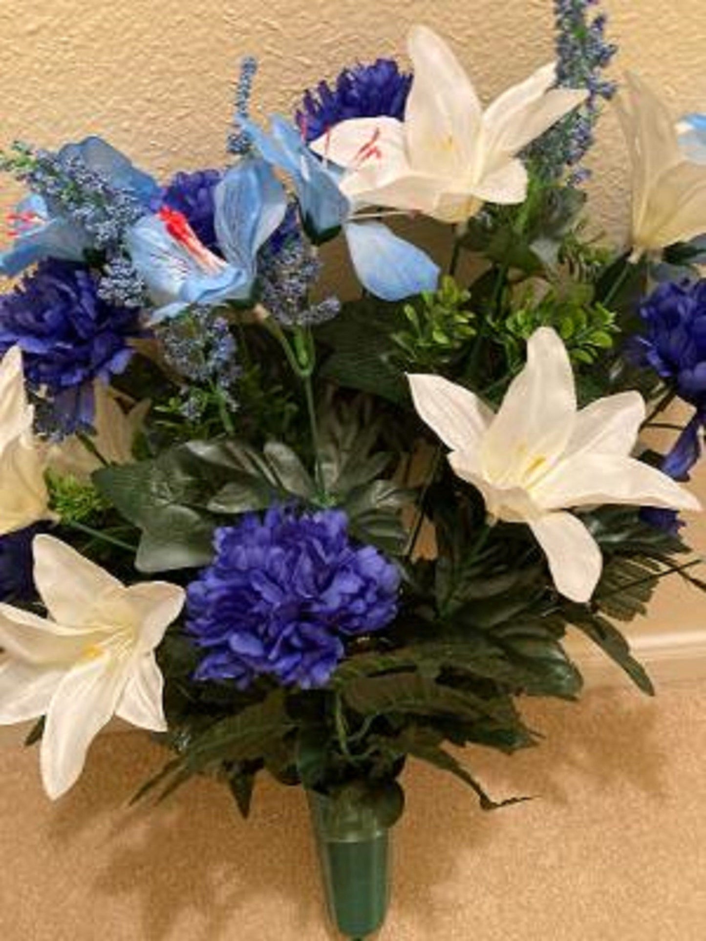 Cemetery Vase of Silk Blue Mum Lilly for Grave-site Presentation of Loved Ones -