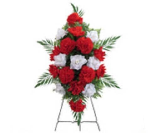 Cemetery SILK FLOWER SPRAY easel mounted in Large Red & White for Grave-site Presentation in Remembrance of Loved Ones -