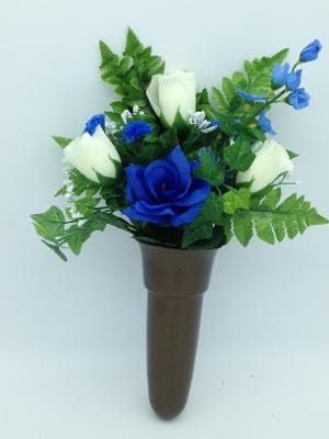 Crypt Mausoleum Vase & Cream Roses Blue Silk Flowers w/ Ring Bolt Support