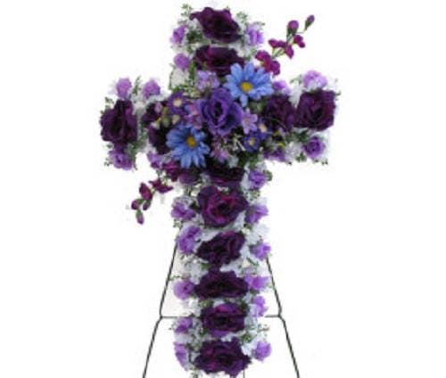 Cemetery Flower CROSS on Easel in Silk Purple Roses & Carnations for Grave-site Presentation in Remembrance of Loved Ones -