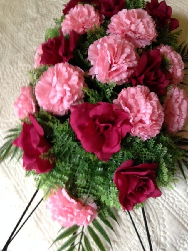 FLOWER Cemetery SPRAY on Easel in Pink Silk Roses & Carnations for Grave-site Presentation in Remembrance of Loved Ones -