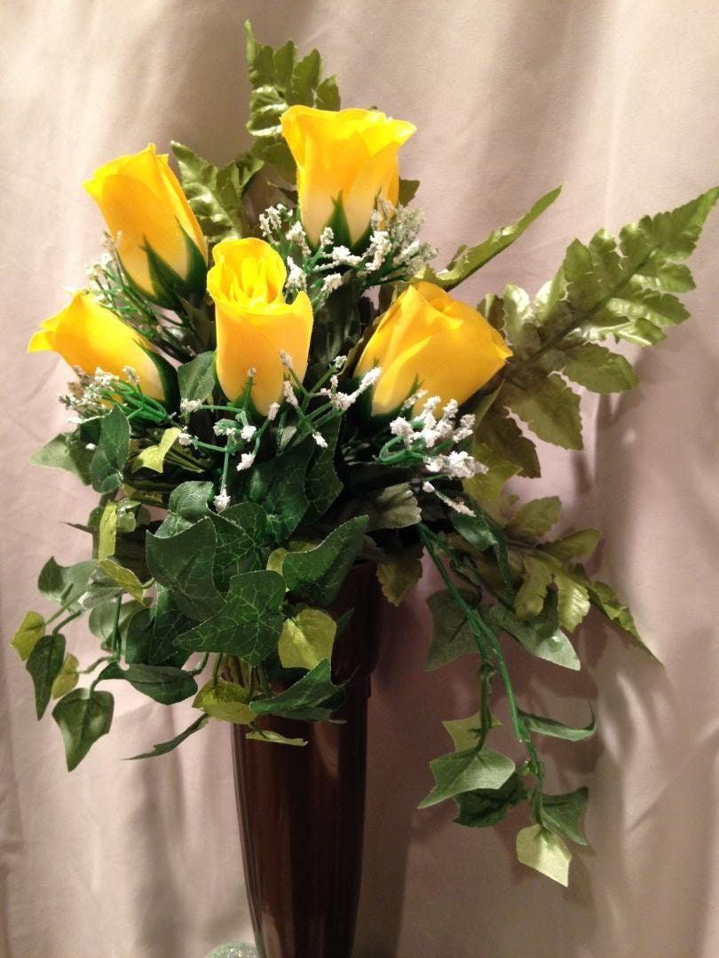 Crypt Mausoleum Vase & Yellow Rose Silk Flowers w/ Ring Bolt Support