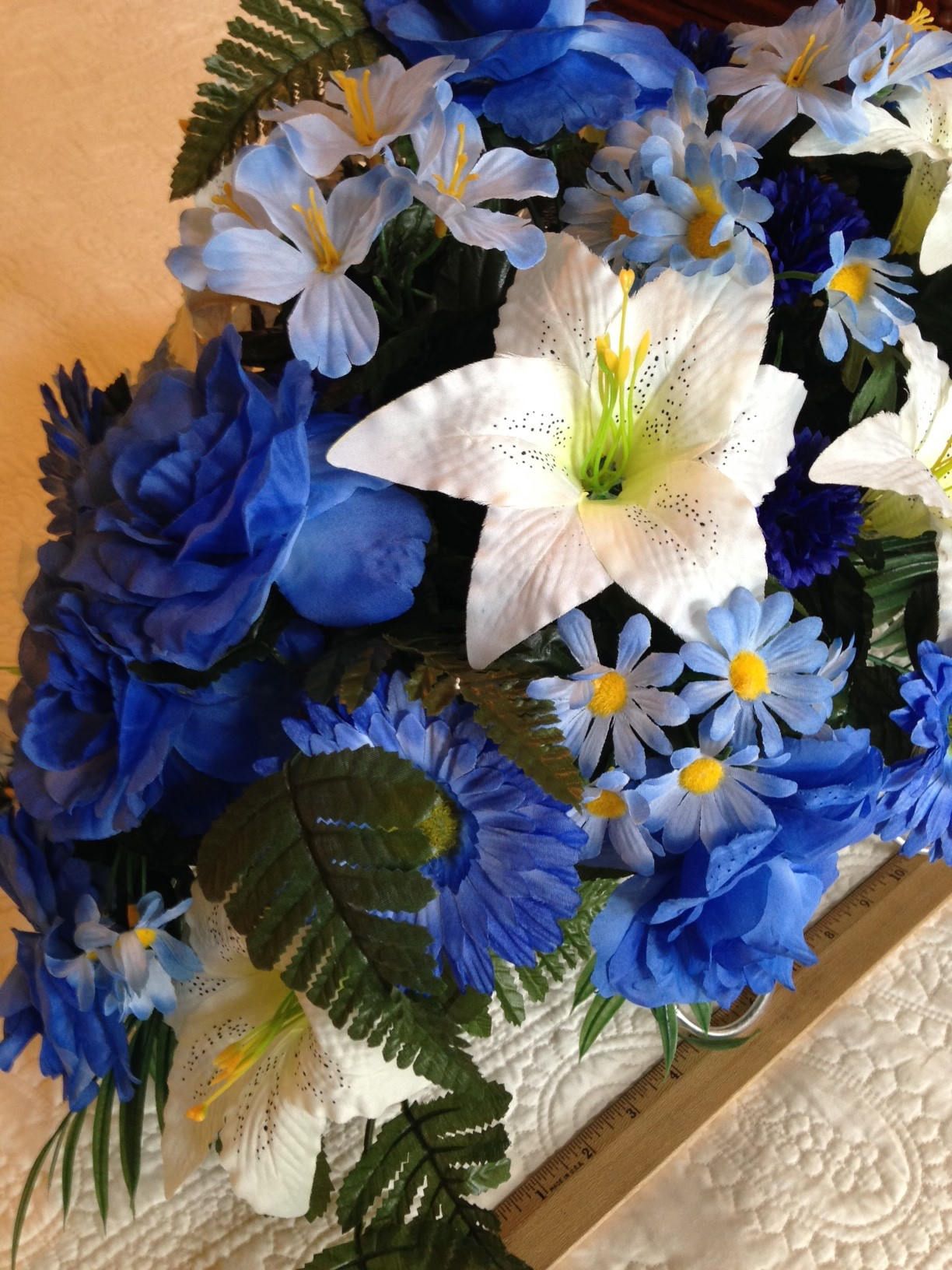 FLOWER Cemetery SADDLE in Deluxe Silk BLUE for Grave-site Presentation in Remembrance of Loved Ones.