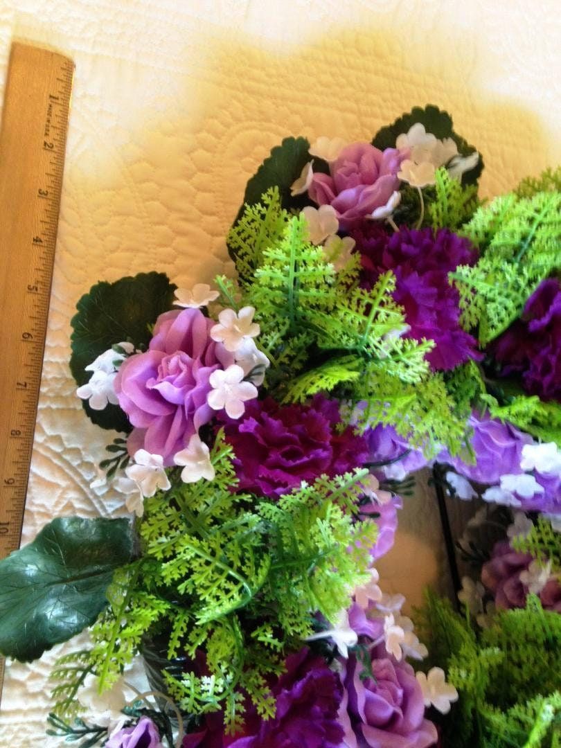 Cemetery WREATH on Easel Mount with PURPLE  Rose & Carnations for grave-site presentation in remembrance of loved ones -