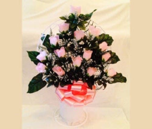Cemetery Silk Flower PINK ROSEBUDS and Hoop Handle Basket for Grave-site Presentation in Remembrance of Loved Ones -