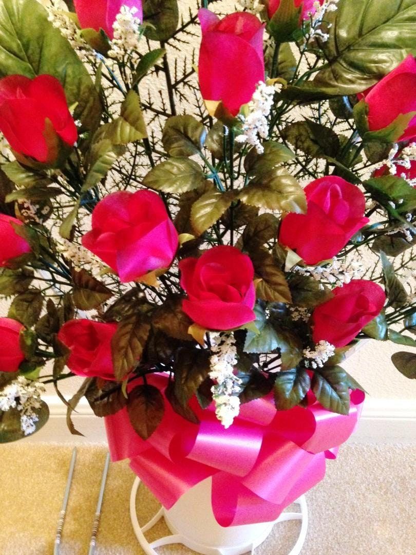 Cemetery Silk flower RED ROSEBUDS, Hoop Handle for Grave-site Presentation in Remembrance of Loved Ones -