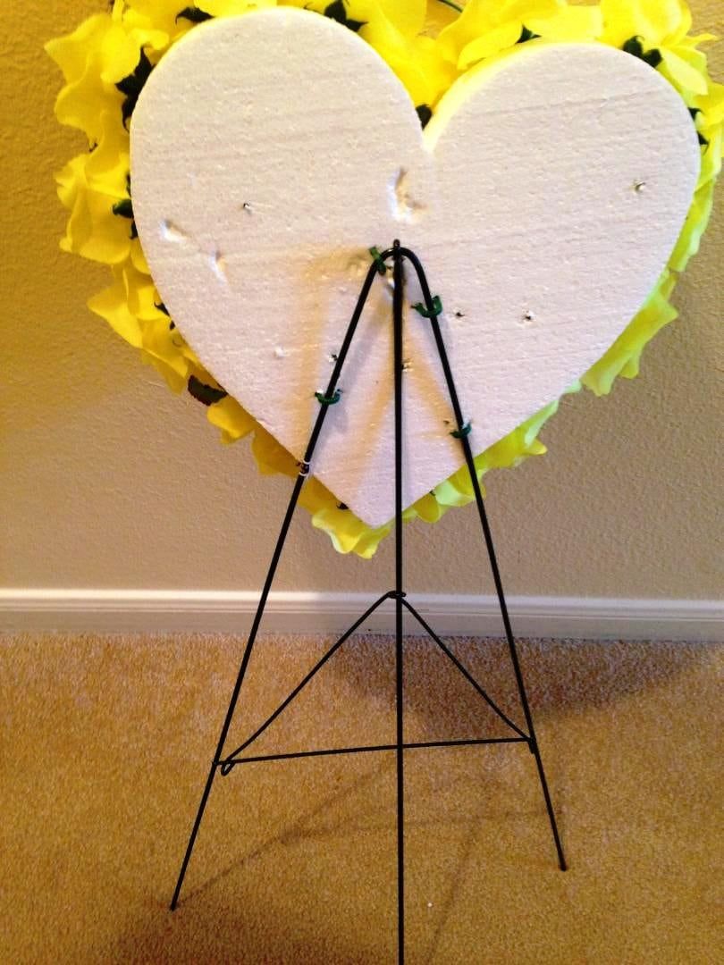 FLOWER Cemetery HEART on easel in Silk Yellow Roses & Carnations for grave-site presentation in remembrance of loved ones -