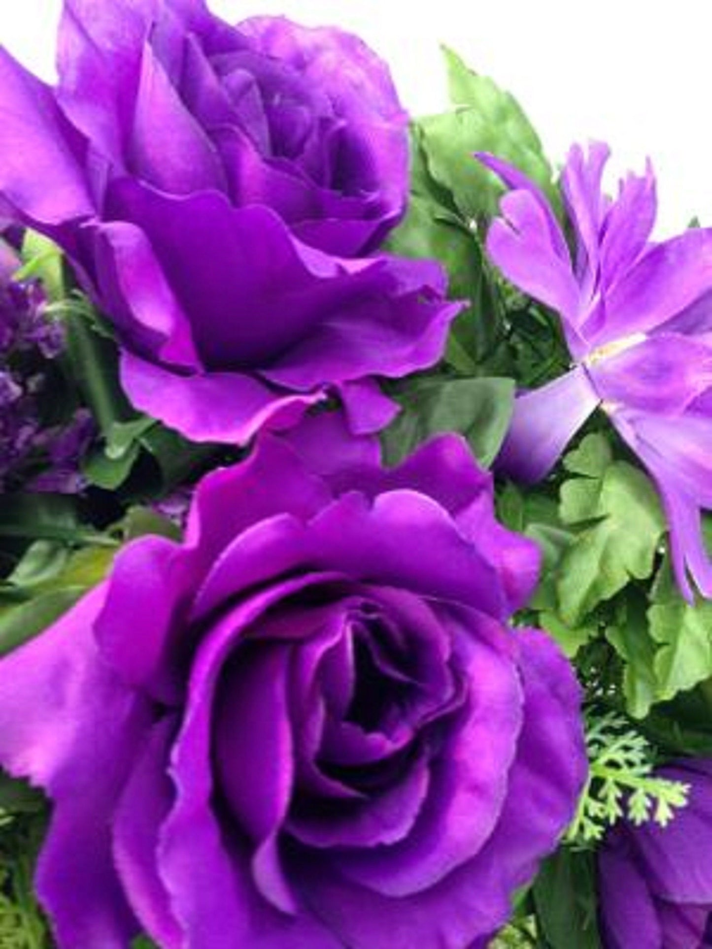 Flower Cemetery SADDLE for Headstone Mount in Silk PURPLE & White for Grave-site Presentation in Remembrance of Loved Ones.