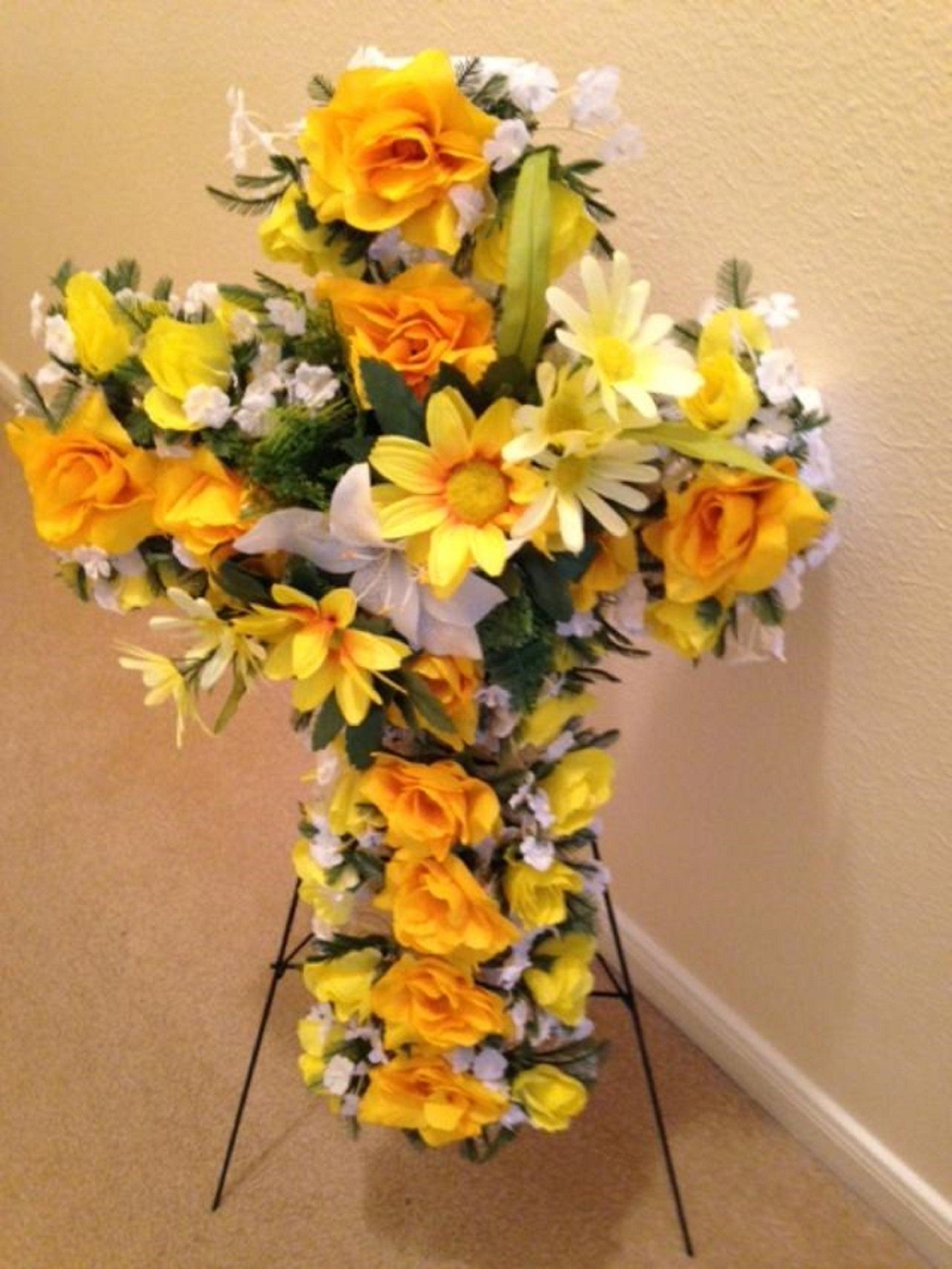 FLOWER Cemetery CROSS Yellow Roses - Carnations on easel for Grave-site Presentation in Remembrance of Loved Ones -