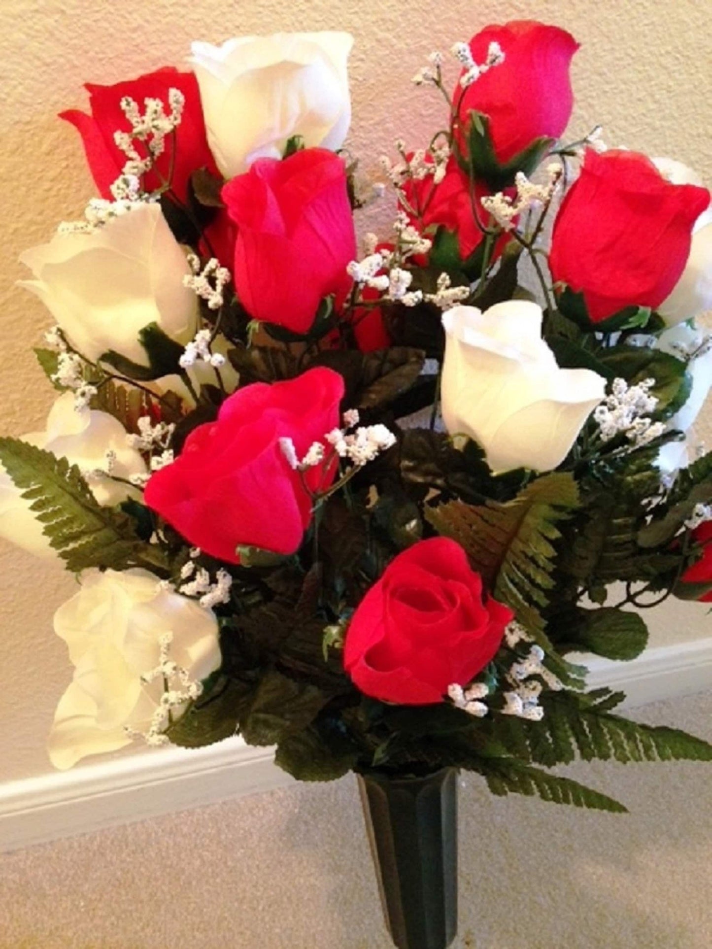 Cemetery vase of ROSES Galore Red and White Silk DELUXE for Grave-site Presentation in Remembrance of Loved Ones -