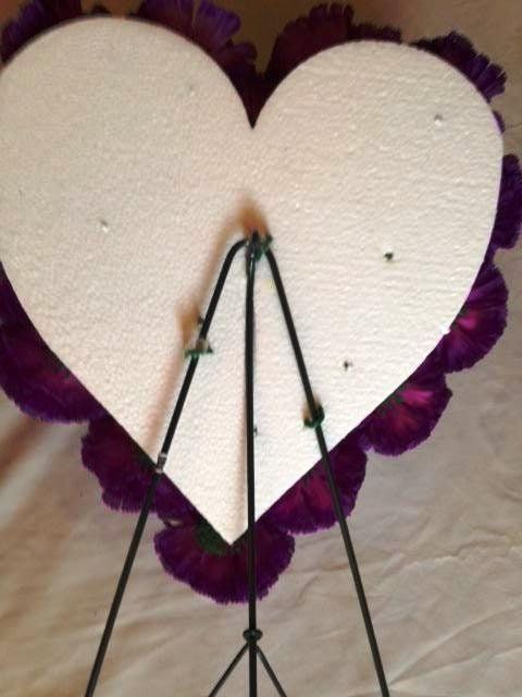 FLOWER Cemetery HEART on Easel with Purple Silk Carnations for grave-site presentation in remembrance of loved ones -