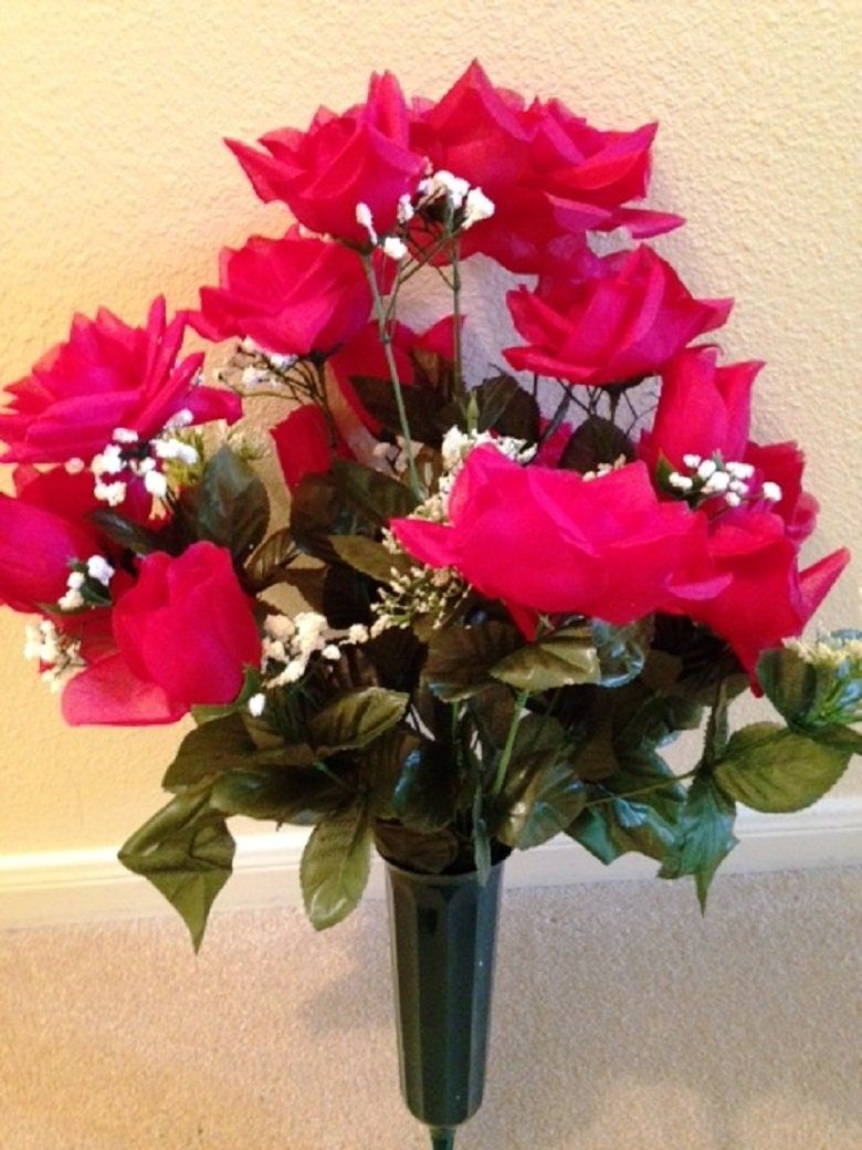 Cemetery Vase Red ROSES in Deluxe Open RED for Grave-site Presentation in Remembrance of Loved Ones -