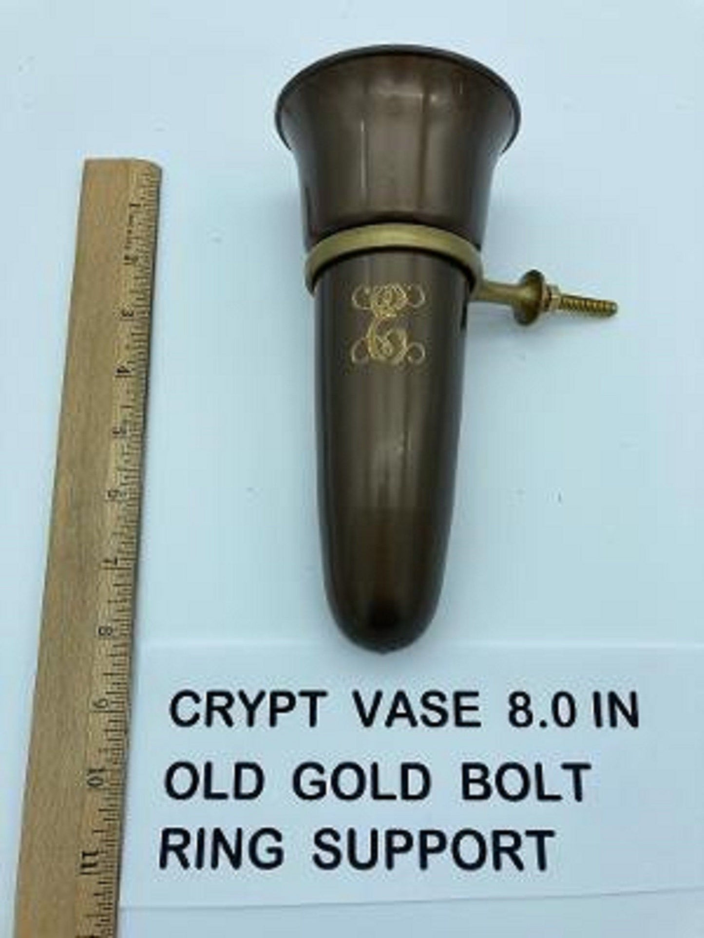 Custom Engraved Crypt Mausoleum Brown Vase 8 IN - Add Personal Engraved Initial - with Old Gold Bolt/Ring Support - Royal Duchess -