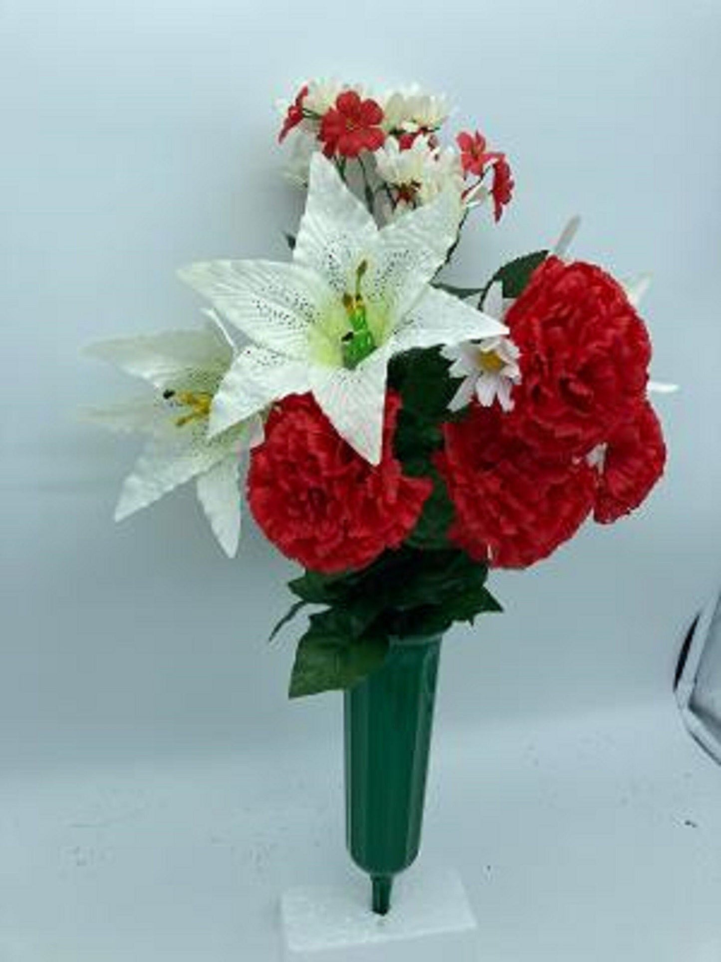 Bouquet Vase RED Carnations & WHITE Lilies for Grave-site Presentation in Remembrance of Loved Ones Or Home Garden Use -