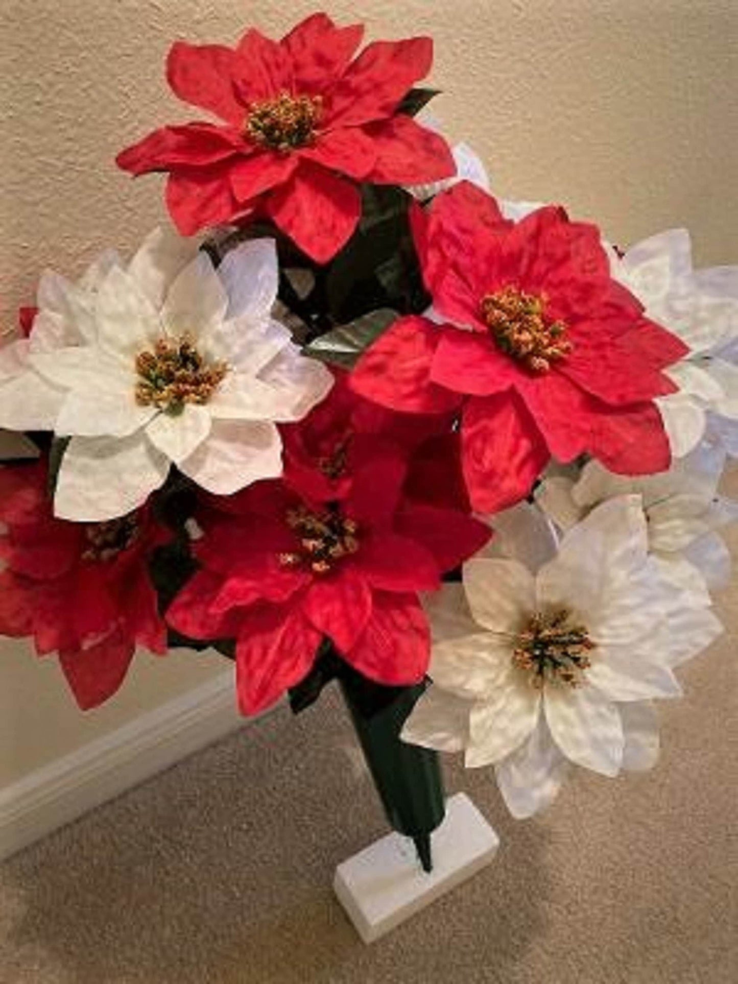 POINSETTIA Cemetery Vase of Silk Flowers - RED & WHITE