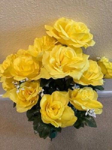 Cemetery VASE of Silk ROSES in Deluxe Yellow for Grave-site Presentation in Remembrance of Loved Ones -