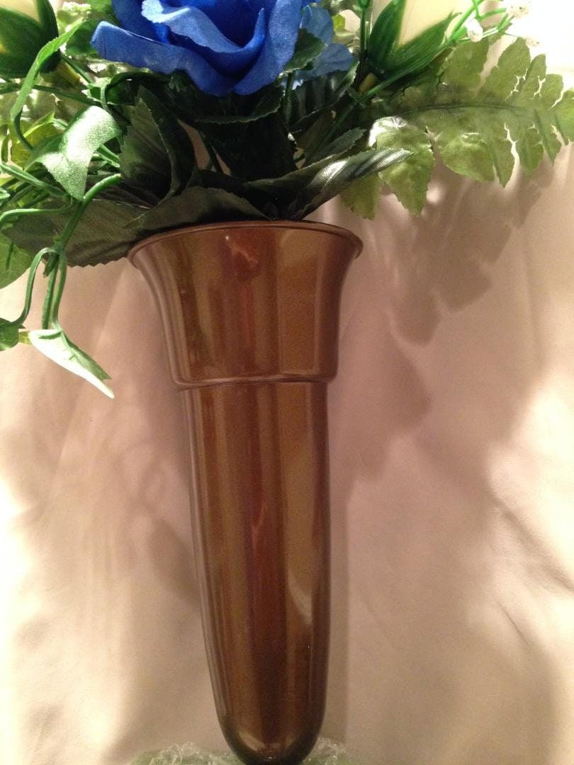 Crypt Mausoleum Vase & Cream Roses Blue Silk Flowers w/ Button Bolt Support