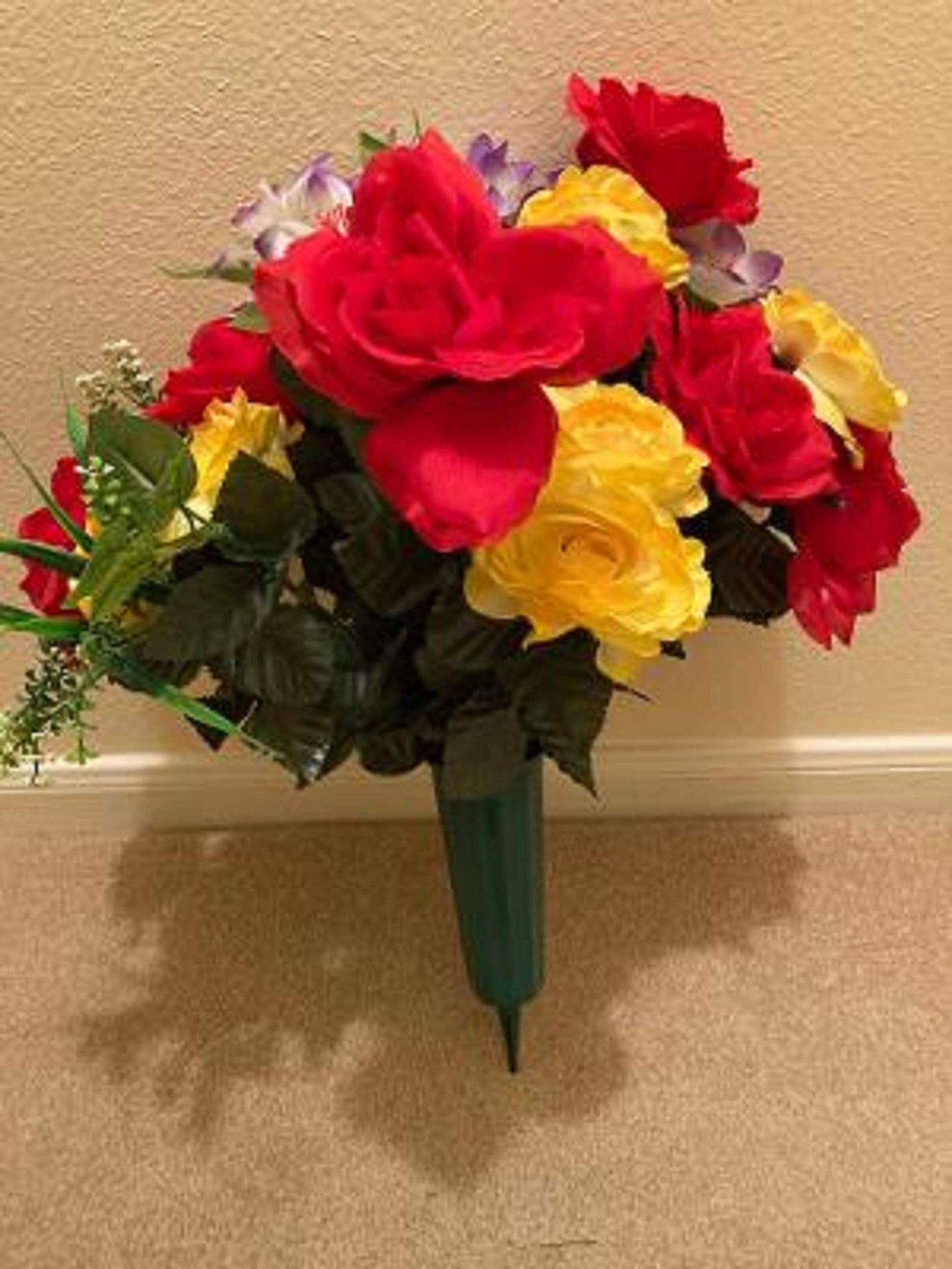 Cemetery Silk Red & Yellow Roses Supreme Arrangement with Vase