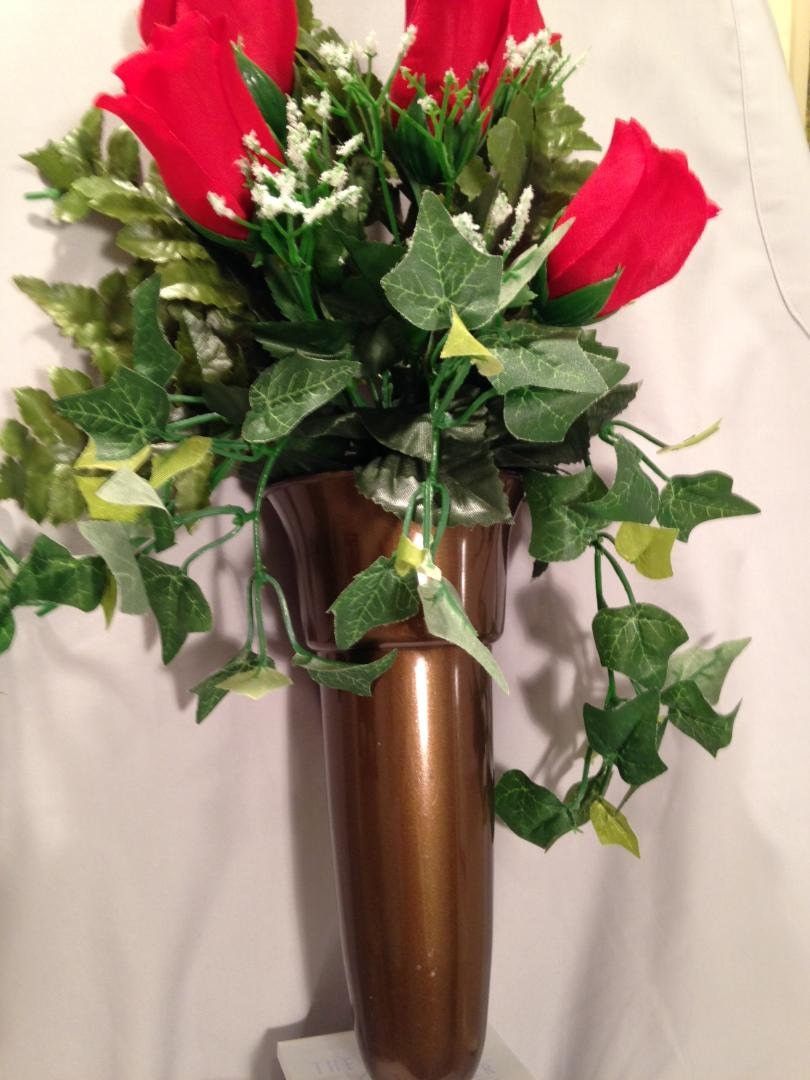 Crypt Mausoleum Vase & Red Rose Silk Flowers w/ Ring Bolt Support for Inverted "V"