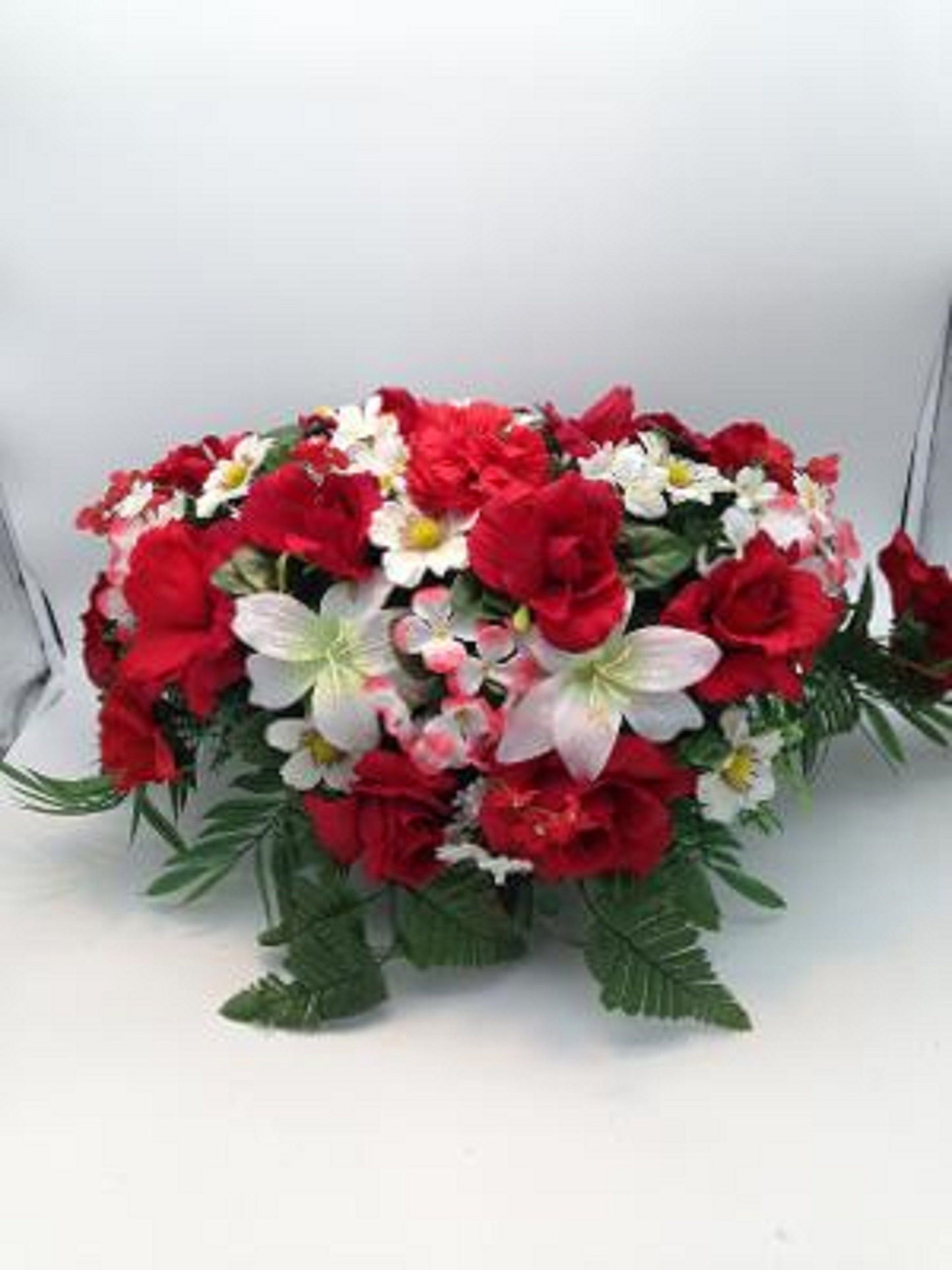 FLOWER Cemetery SADDLE for Headstone Mount in Silk Red and White for Grave-site Presentation in Remembrance of Loved Ones -