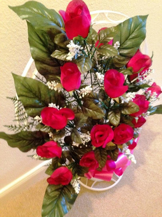 Cemetery Silk flower RED ROSEBUDS, Hoop Handle for Grave-site Presentation in Remembrance of Loved Ones -