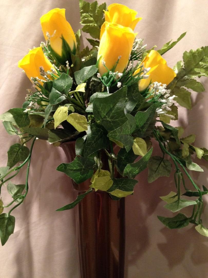 Crypt Mausoleum Vase & Yellow Rose Silk Flowers w/ Button Bolt Support for Inverted "V"