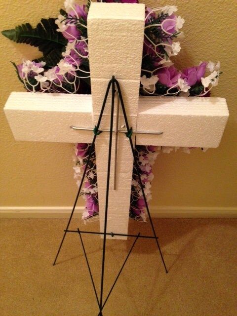 Cemetery Flower CROSS on Easel in Silk Purple Roses & Carnations for Grave-site Presentation in Remembrance of Loved Ones -