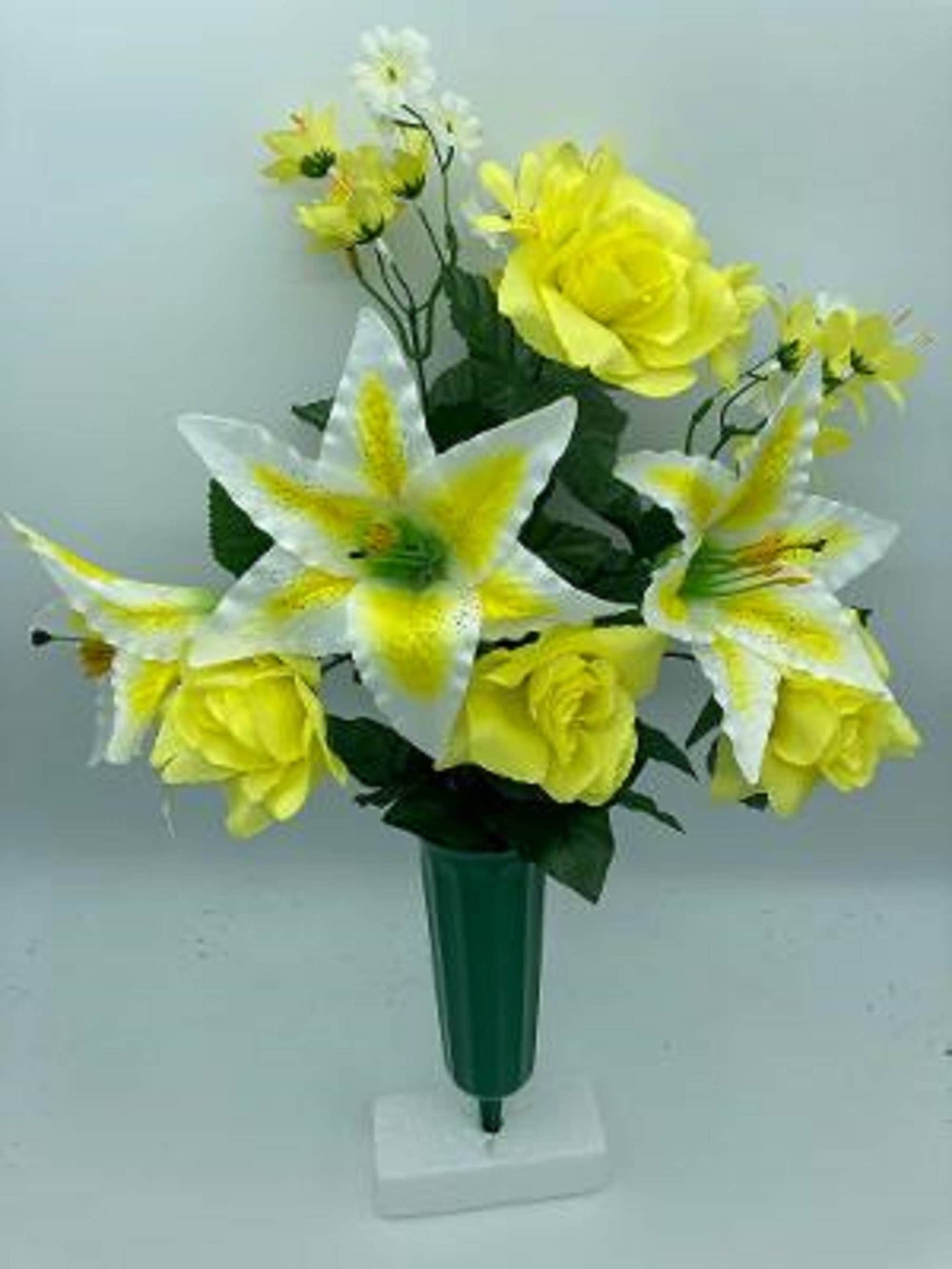 BOUQUET VASE of YELLOW Roses and White Tiger Lilies for Grave-site Presentation in Remembrance of Loved Ones Or Home Garden Use