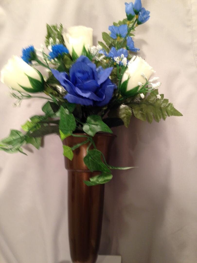 Crypt Mausoleum Vase & Cream Roses Blue Delphinium Silk Flowers w/ Disc Base Ring Support for Epoxy