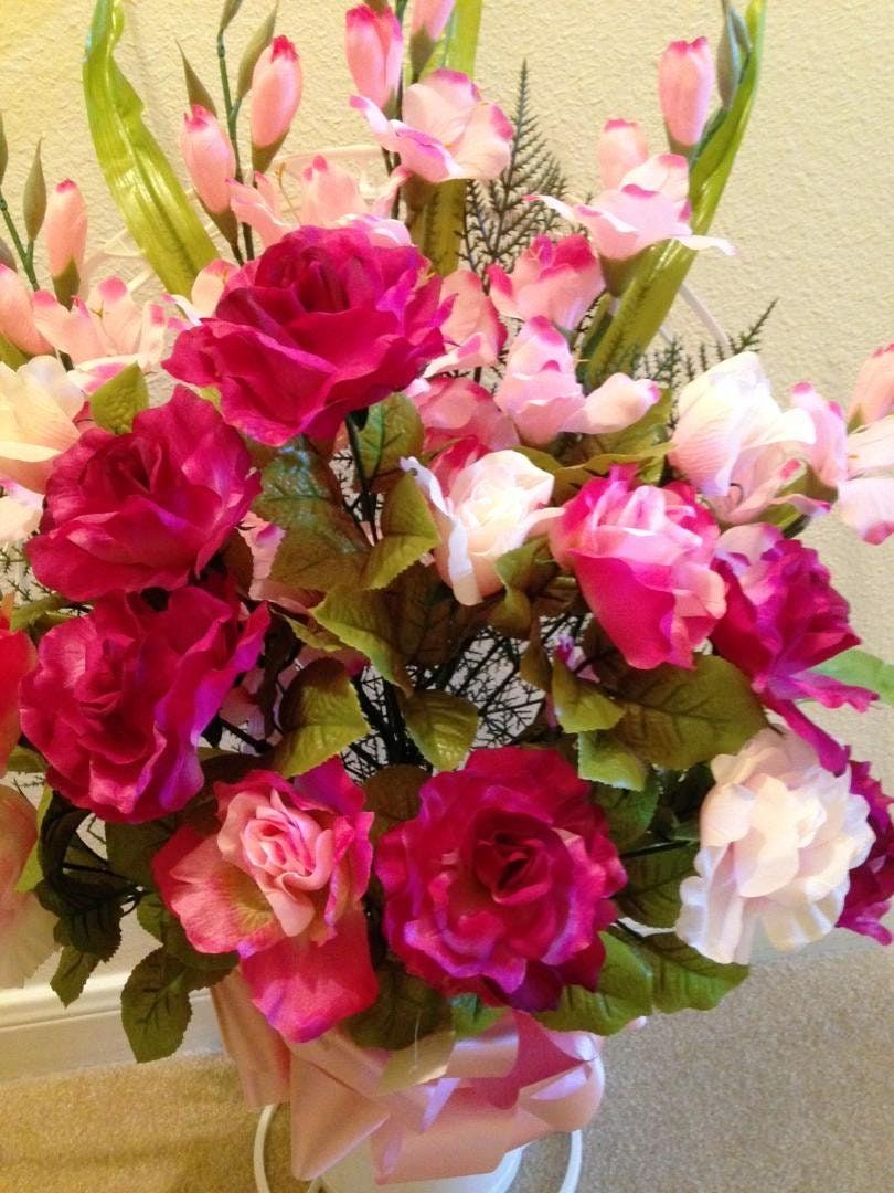 Cemetery Silk Flower Pink and Dark Red ROSE PEONY Gladiola Hoop Handle Basket for Grave-site Presentation in Remembrance of Loved Ones -