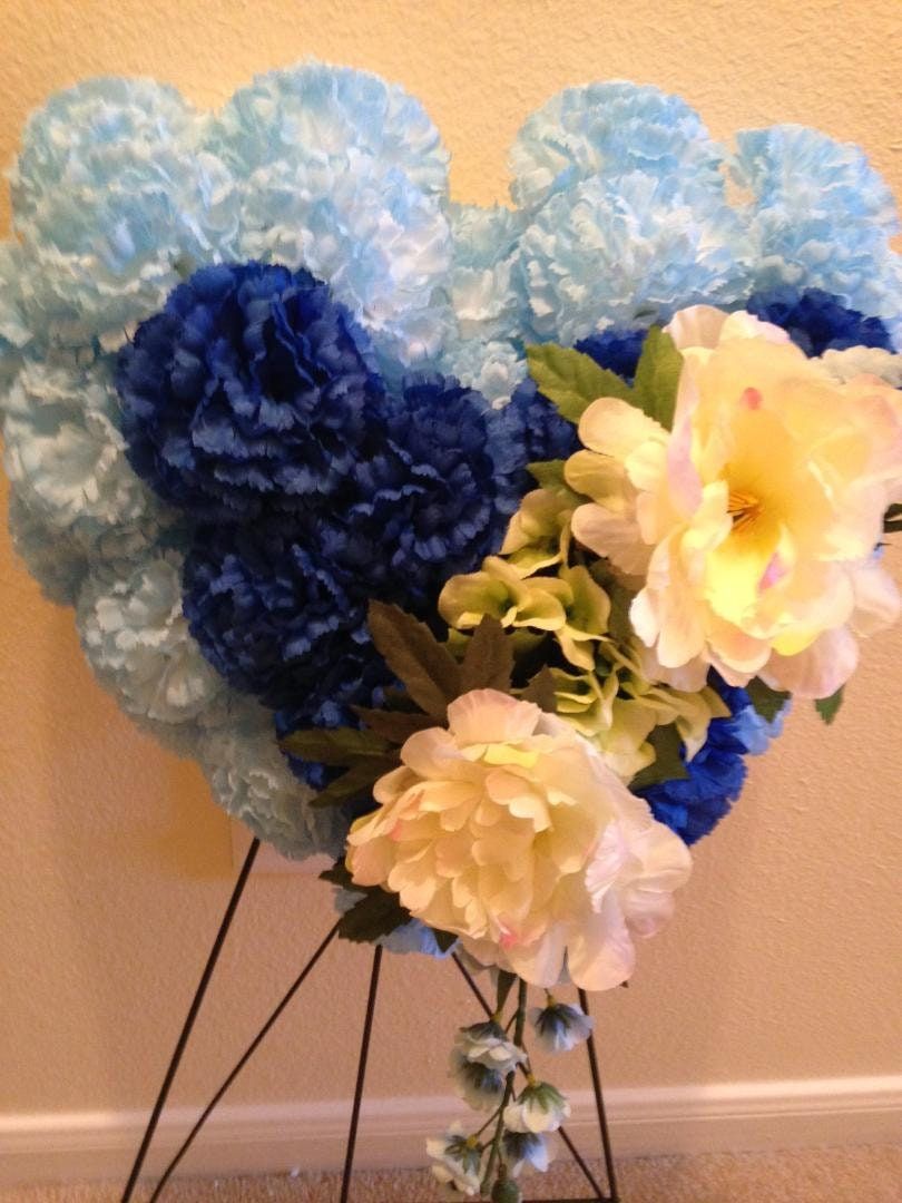 FLOWER Cemetery HEART on EASEL in Silk Blue Roses & Carnations for grave-site presentation in remembrance of loved ones. Easel Mounted