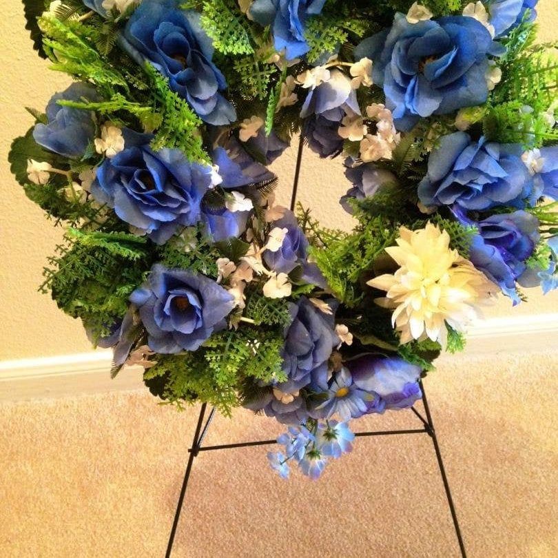 Cemetery WREATH on easel in BLUE Silks Large Deluxe  for grave-site presentation in remembrance of loved ones -