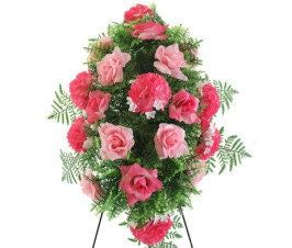 FLOWER Cemetery SPRAY on Easel in Pink Silk Roses & Carnations for Grave-site Presentation in Remembrance of Loved Ones -