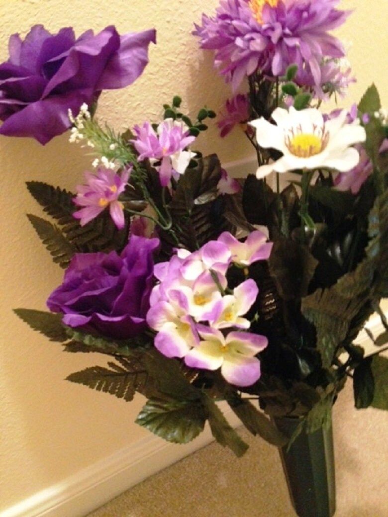 Cemetery VASE of ROSES HYDRANGEA Daisies Deluxe Purple for Grave-site Presentation in Remembrance of Loved Ones -