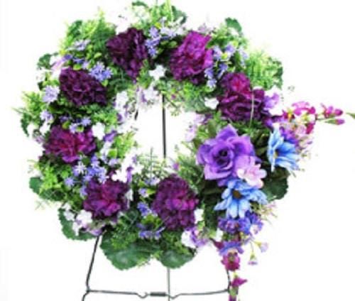 Cemetery WREATH on Easel Mount with PURPLE  Rose & Carnations for grave-site presentation in remembrance of loved ones -